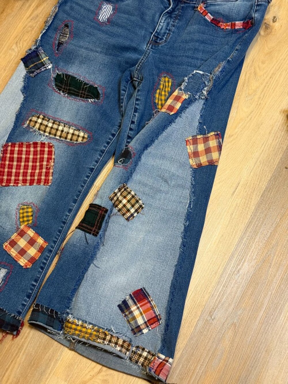 Upcycled Patchwork Jeans | Wide Leg Patched Denim | Visible Mending Art - Picture 9 of 11